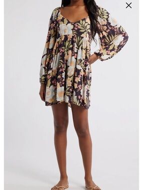 Billabong Black Floral Babydoll Mini Dress with Cream & Pale Blue Blooms